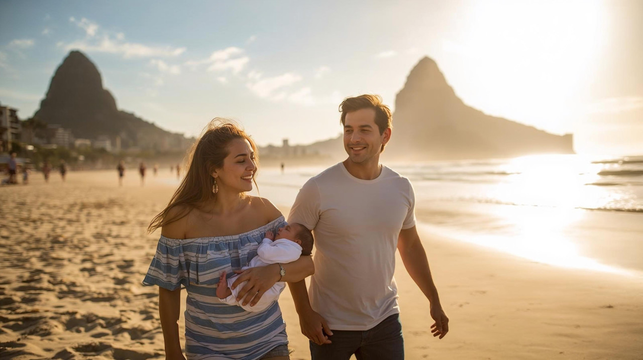Family with baby at Copacabana beach
