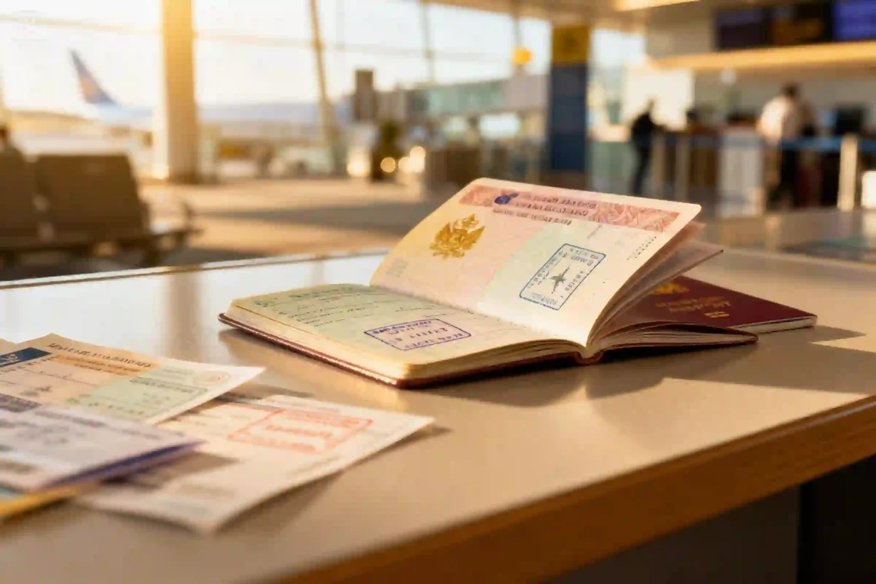 Два паспорта и документы на стойке аэропорта — тема путешествия и выезда ребёнка