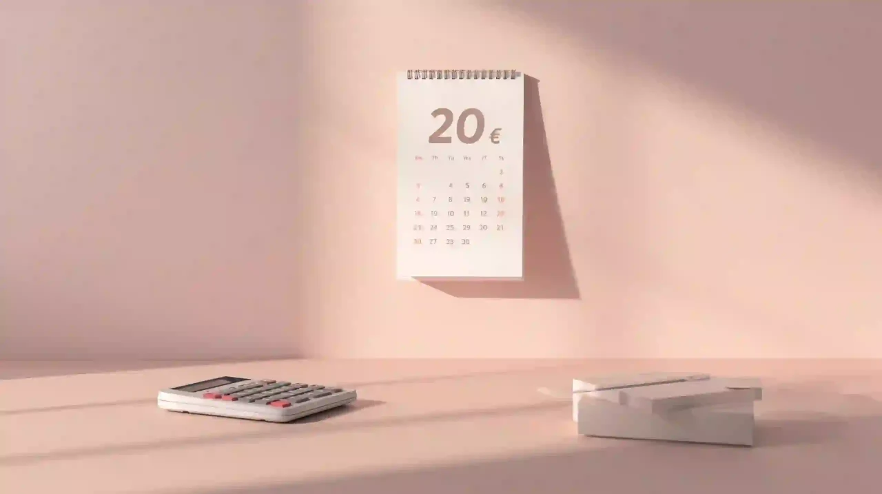 Фото: Стол с настенным календарём и калькулятором монеты_значок R$ современный минимализм мягкое рассеянное освещение