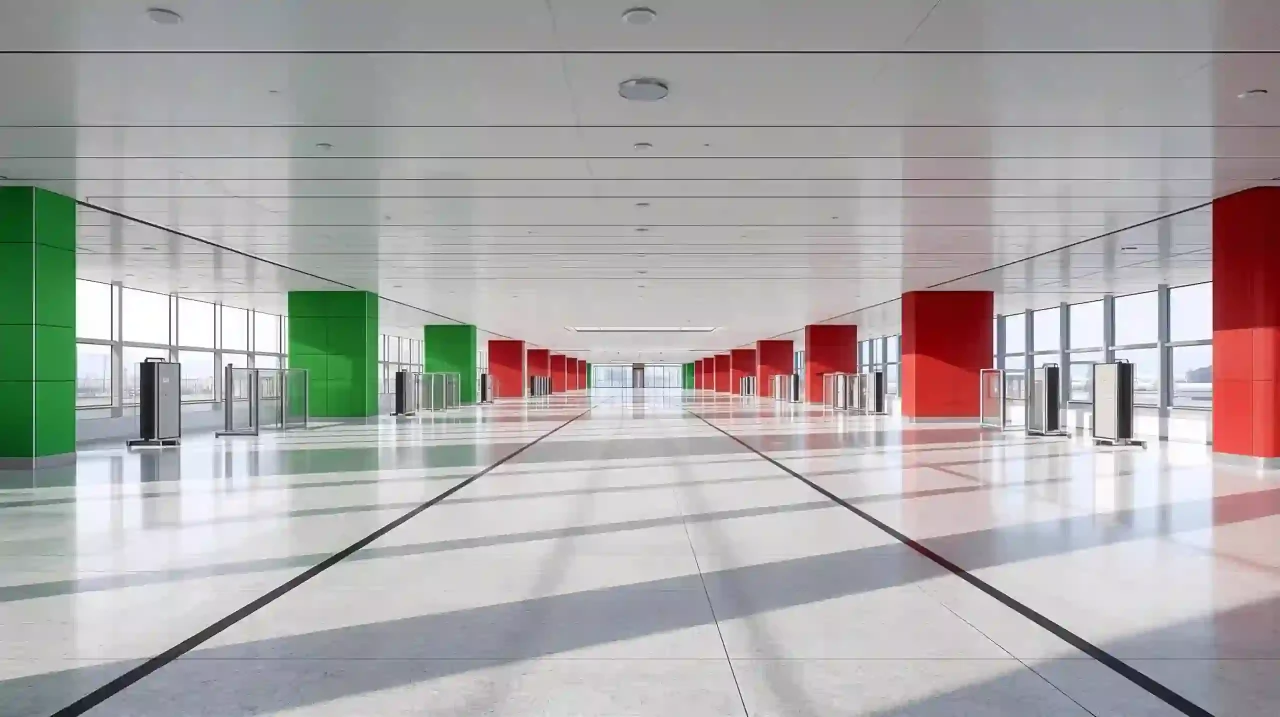 Фото: Таможенные коридоры_ зелёный и красный пустой зал аэропорта перспективные линии дневной свет высокая чёткость