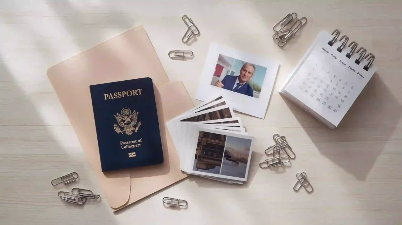 Чек-лист документов — паспорт, фото, папка, календарь