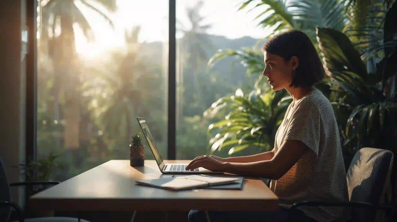 image of Digital nomad using a laptop in a coworking space tropical view outside document on desk GIVE BIRTH IN BRAZIL