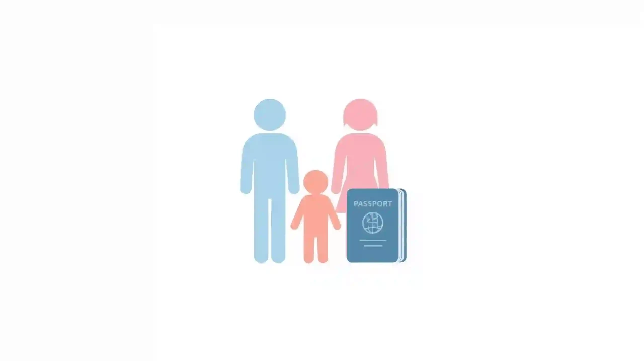 image of Family reunification visa VITEM XI icon silhouettes of parents and child + passport GIVE BIRTH IN BRAZIL BABY