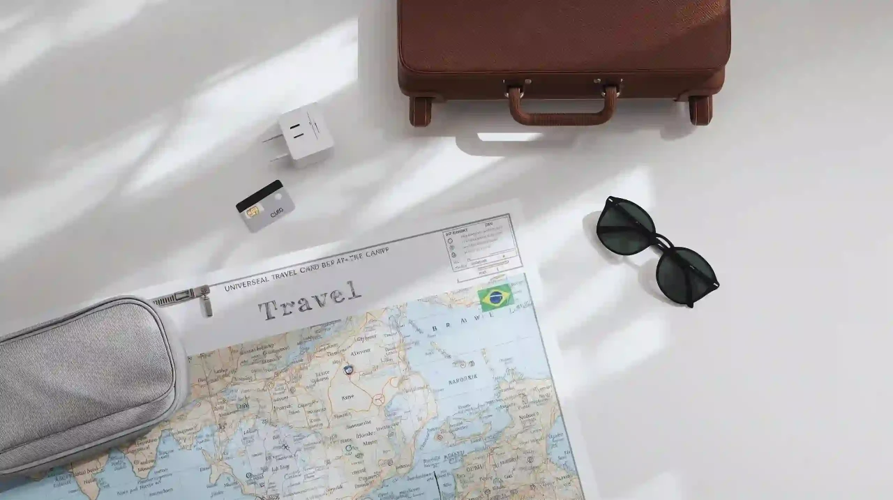 image of Flat-lay “arrival tips” suitcase universal power adapter SIM card unlabeled Brazil map sunglasses GIVE BIRTH