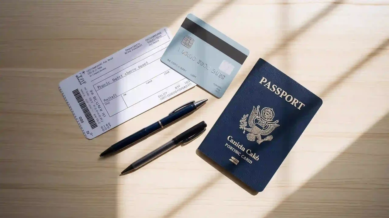 image of Flat-lay round-trip ticket bank card open passport with no data pen; light wood surface natural window light