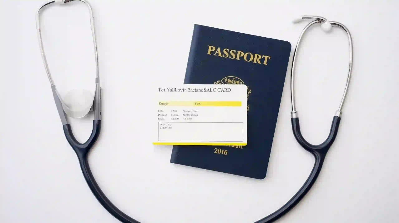 image of Generic Yellow Fever vaccination card (no text) next to a passport and stethoscope sterile white background