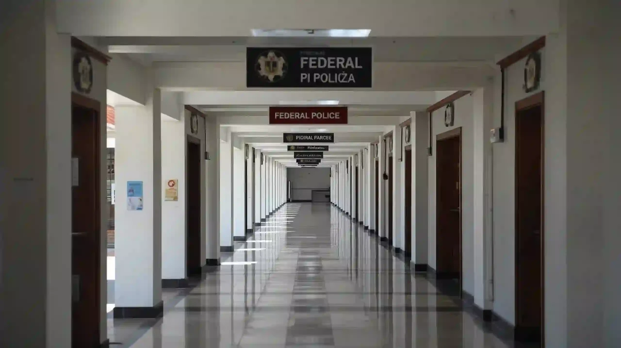 image of Hallway of a Brazilian Federal Police office neutral signage documentary realism even daylight clean lines