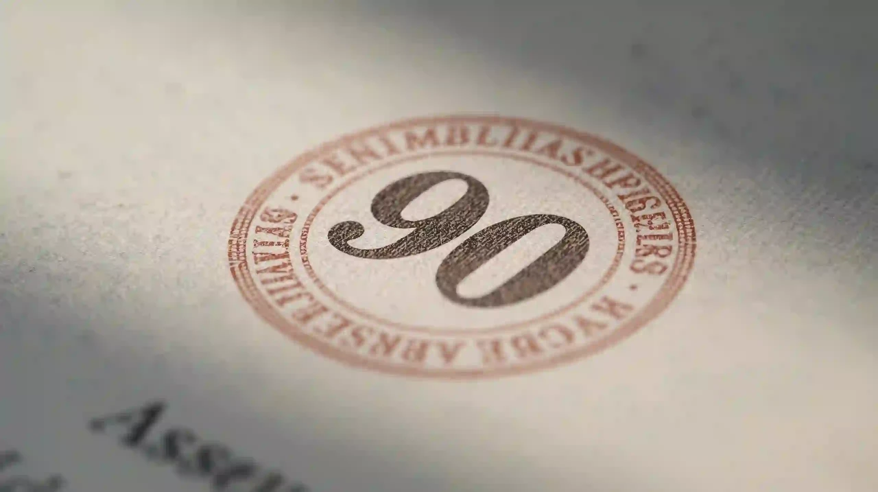 image of Macro of a passport page with a symbolic “90” entry stamp (no words) soft daylight paper texture realistic
