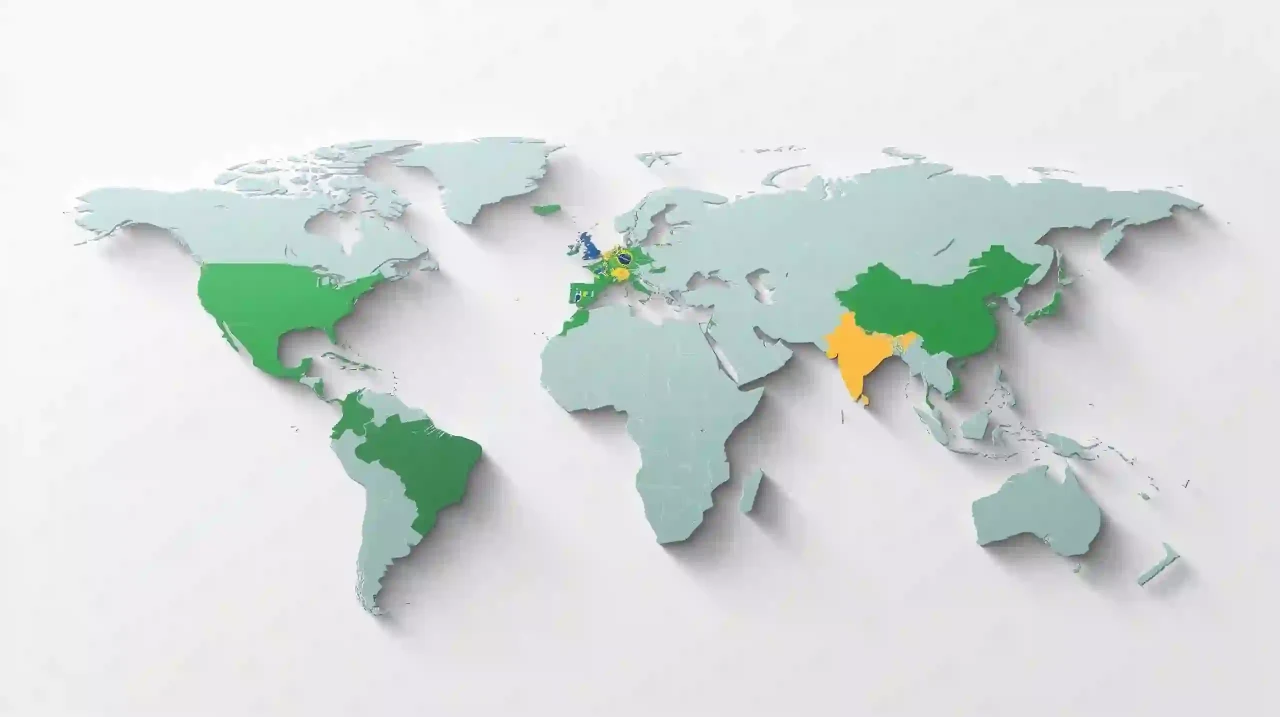 image of Modern minimalist infographic world map highlighting Brazil in flag colors flat isometric icons soft shadows