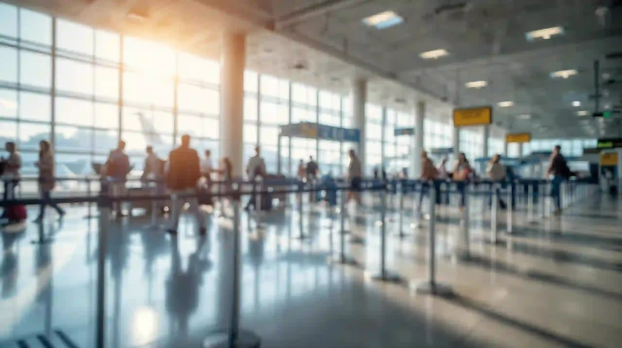 image of Photorealistic Brazil airport immigration counters natural light cinematic composition 50mm lens shallow depth