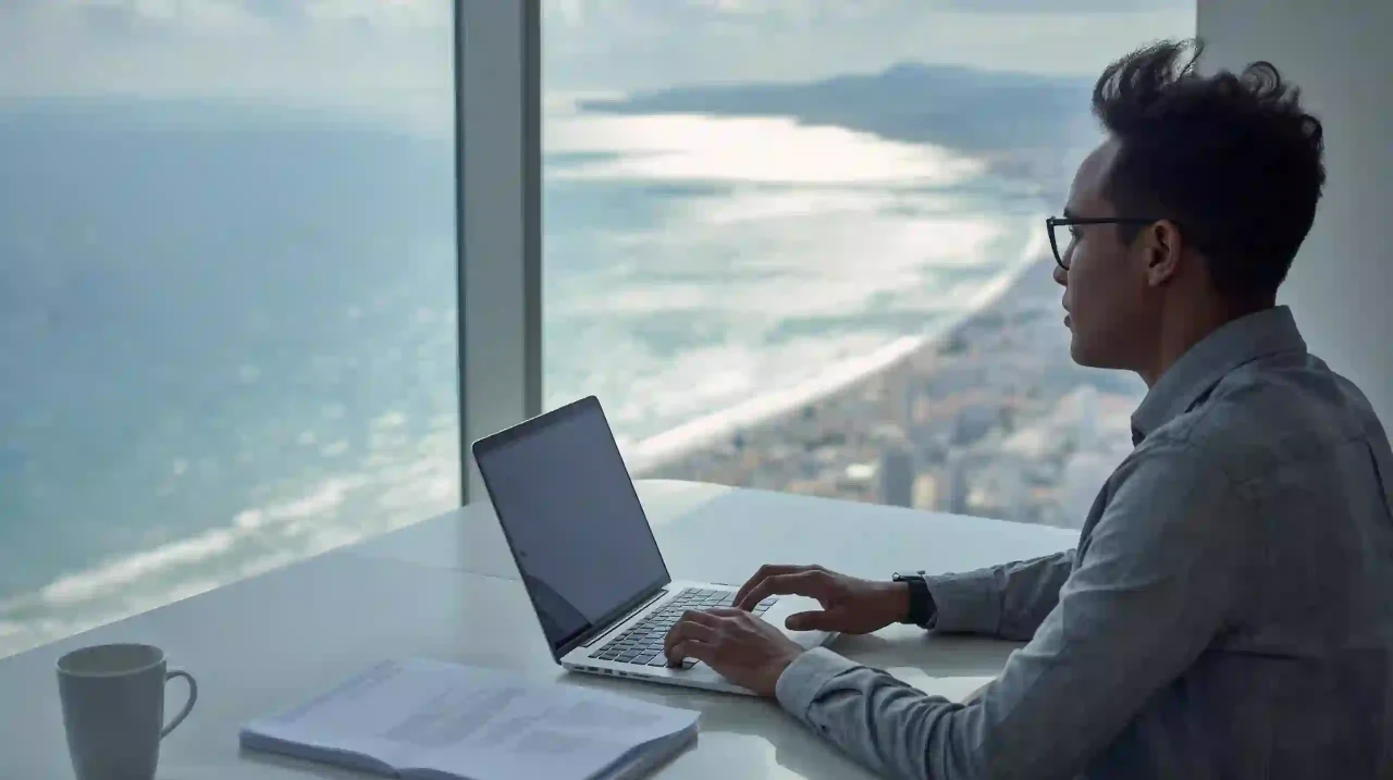 Digital nomad: laptop in coworking, ocean/city view, photorealistic.