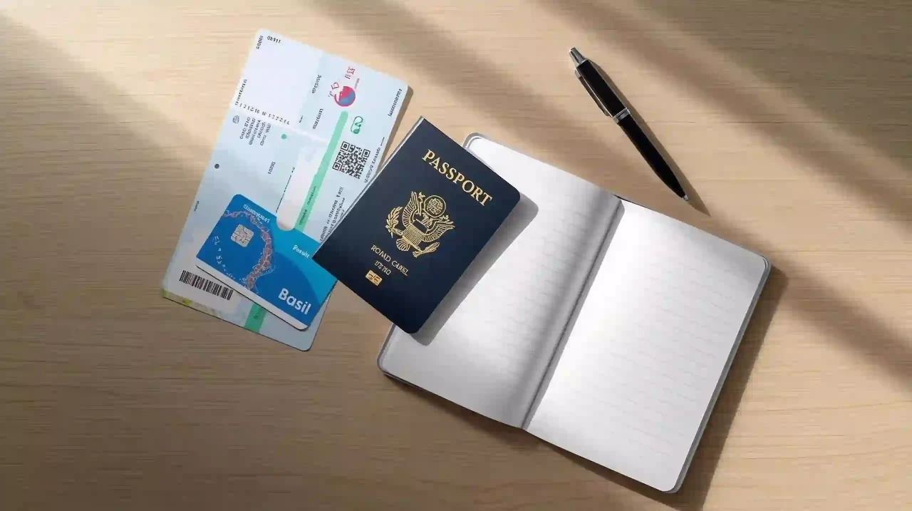 Brazil entry documents: round‑trip ticket, card, open passport with no data; soft window light, photorealistic.