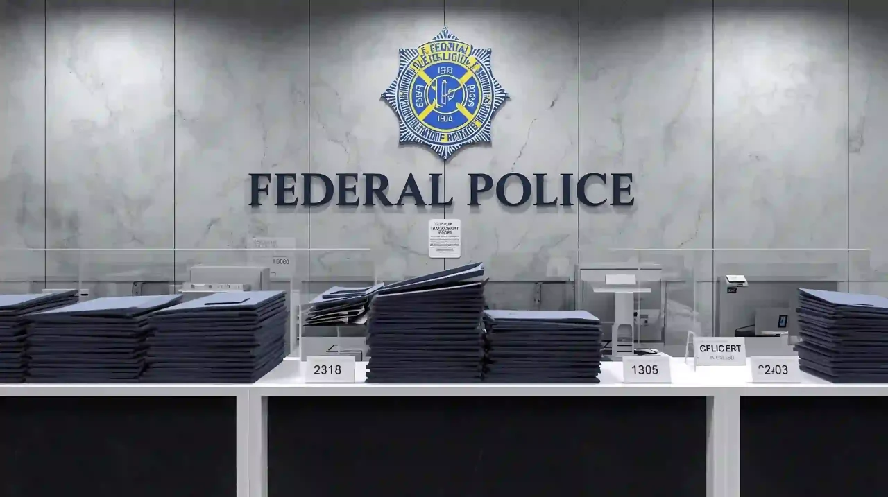 Brazil Federal Police registration desk, folders, photorealistic, no logos.