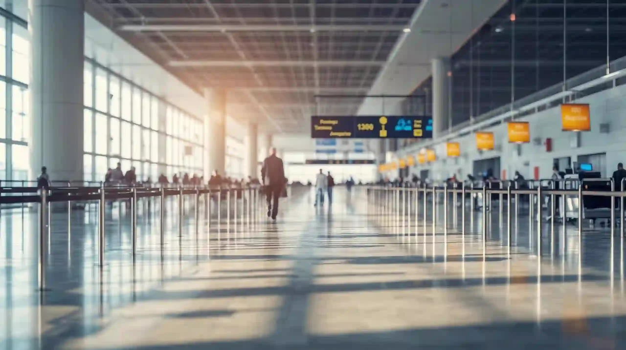 Brazil PR 2025: airport immigration hall, natural light, photorealistic.