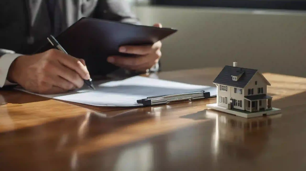 Investor route: signing papers, small house model on table, photorealistic, no brands.