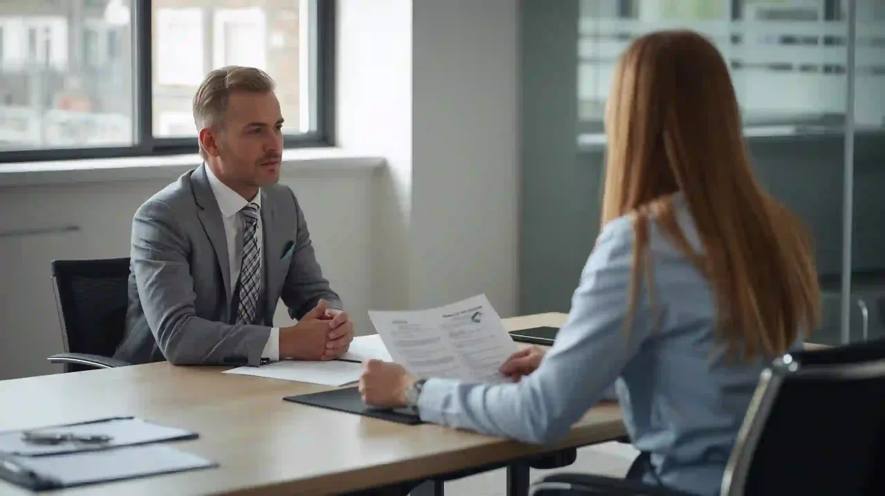 Work route: office job interview, document folder visible, photorealistic, no readable data.