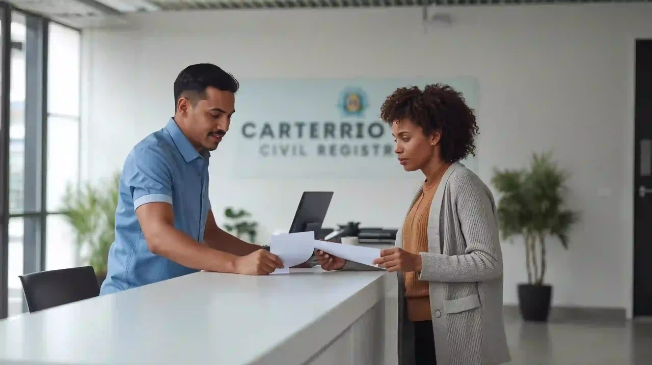 Marriage route: spouses at Brazilian cartório, daylight, photorealistic, no logos.