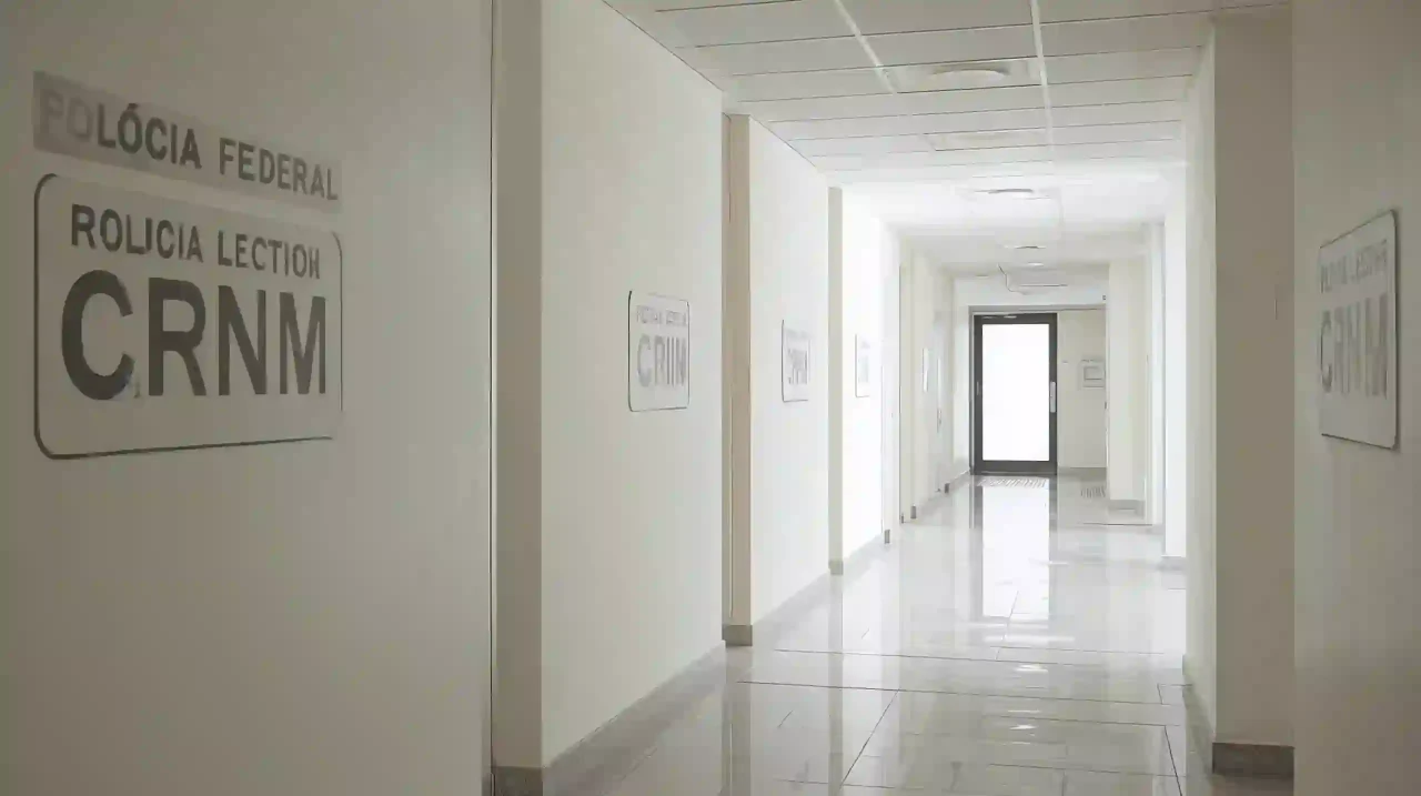 Polícia Federal corridor for CRNM registration, neutral signage shapes, photorealistic.