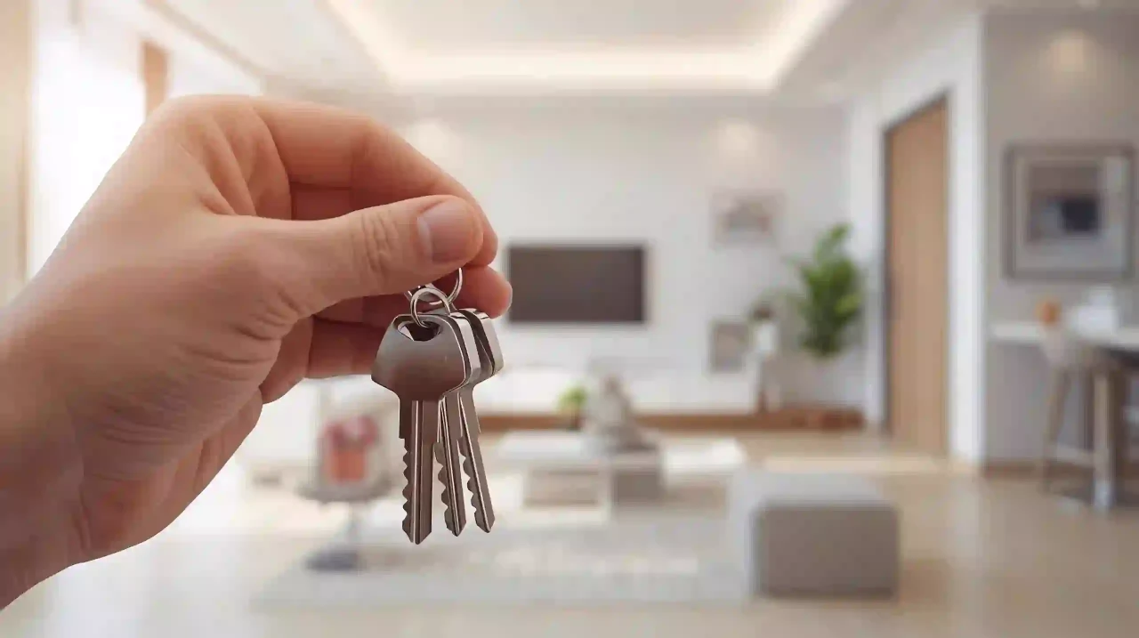 Real estate PR: keys in hand with apartment view, photorealistic, no logos.