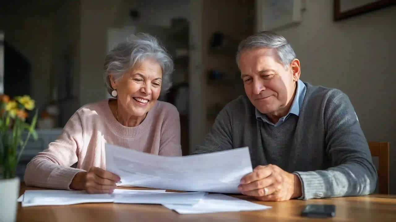 Retirement visa: senior couple with documents, soft light, photorealistic.