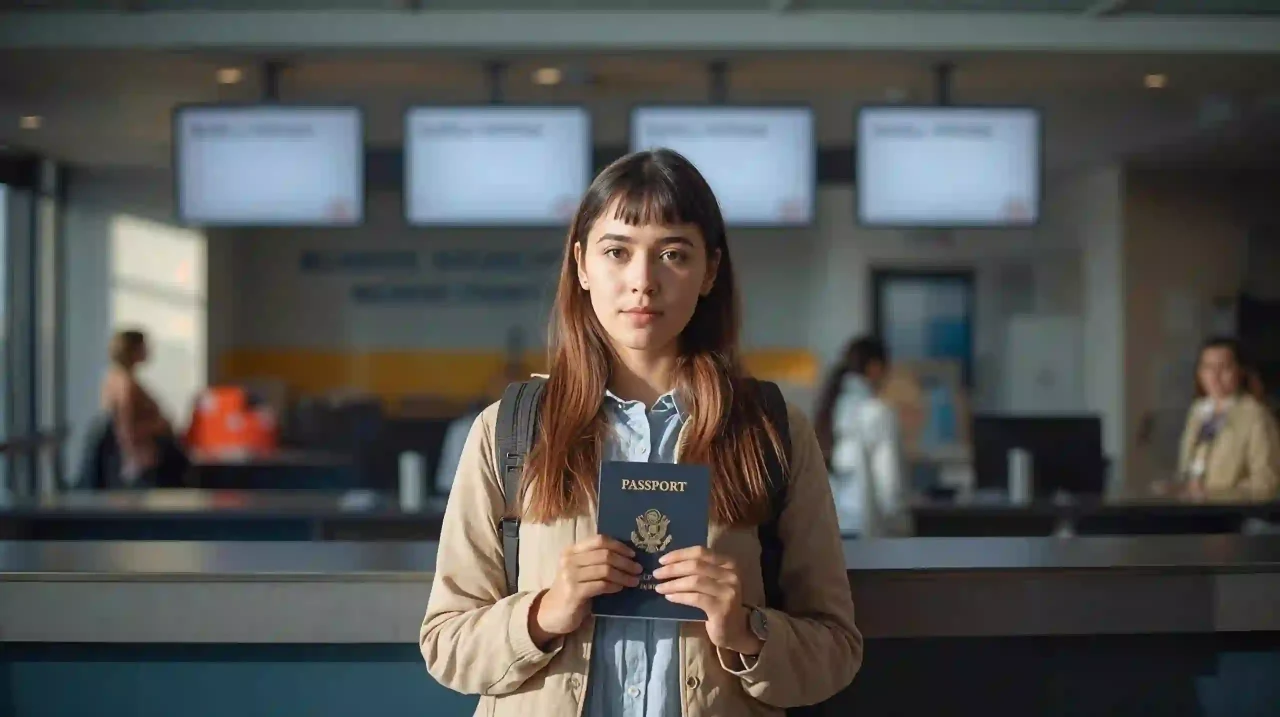 Study path: student at university admissions counter, photorealistic, no logos.