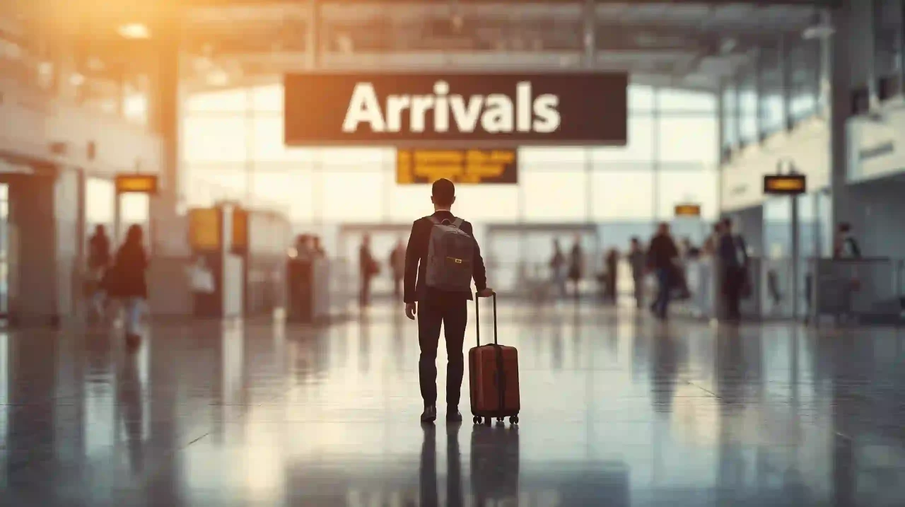 Traveler with suitcase in the arrivals zone showing essential travel documentation and immigration process in brazil.