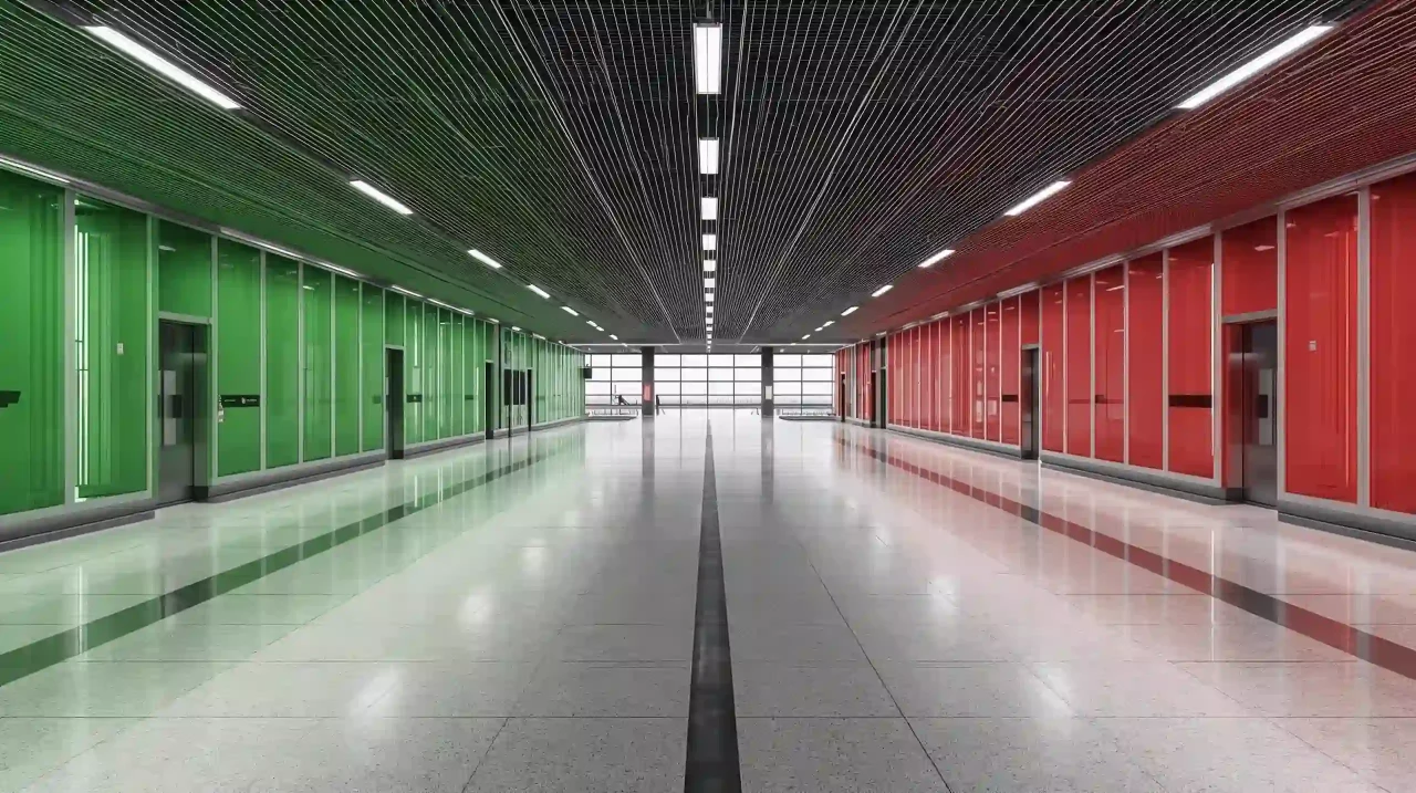 Airport customs green and red channels showing tourism, immigration, and border control systems.
