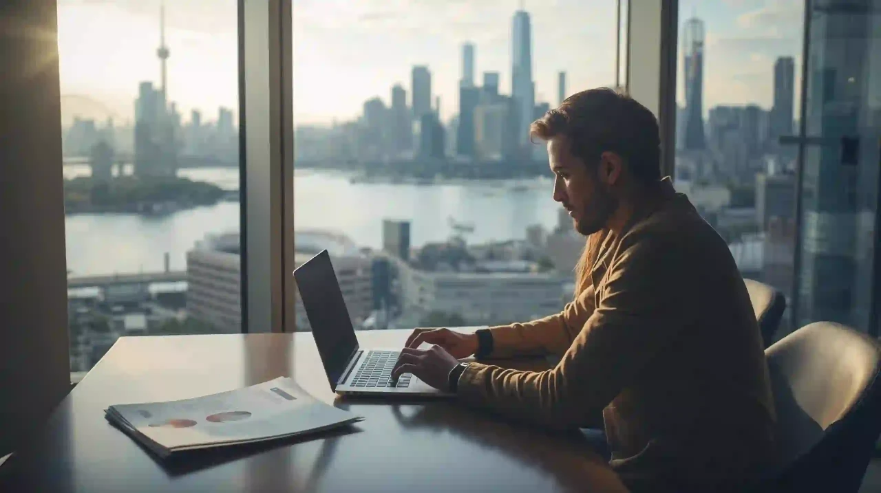 Digital nomad with laptop in a coworking space showing international travel and passport control insights.