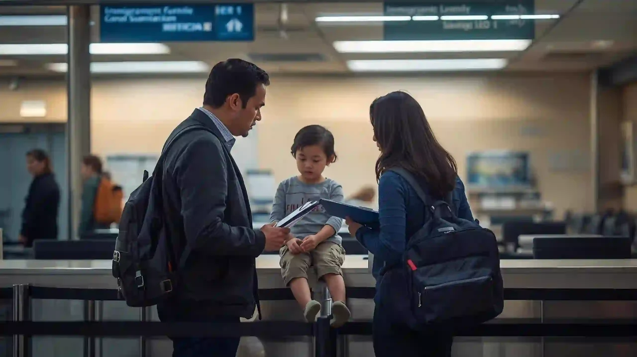 Family (two adults and a child) at an immigration desk submitting documents showing smooth entry and visa procedures for travelers.