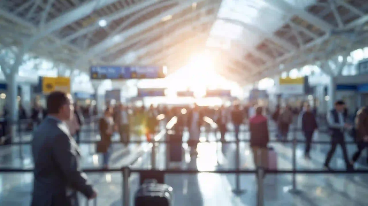 International airport immigration hall showing modern visa and travel services for global visitors.