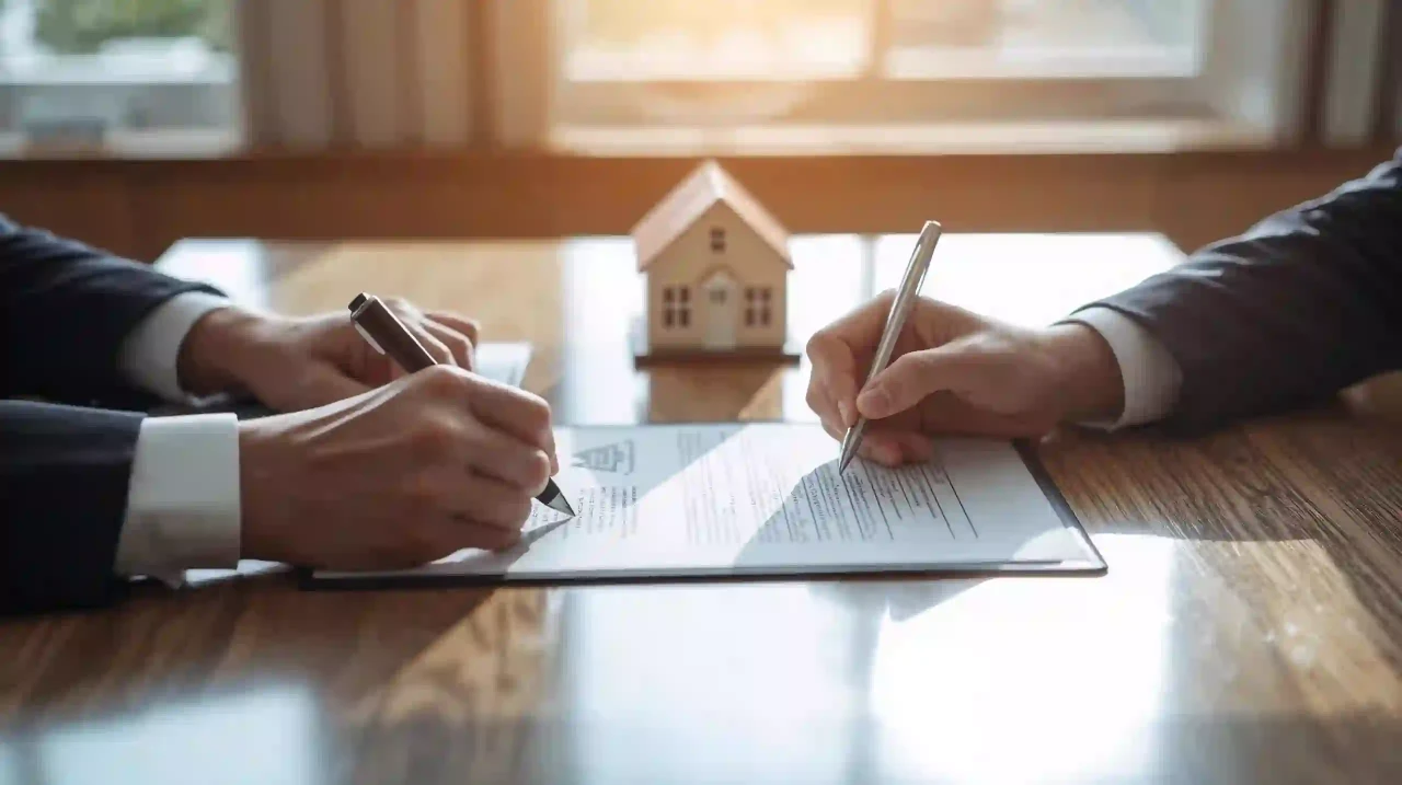 Investment signing: hands signing papers in a neutral office showing international travel and passport control insights.