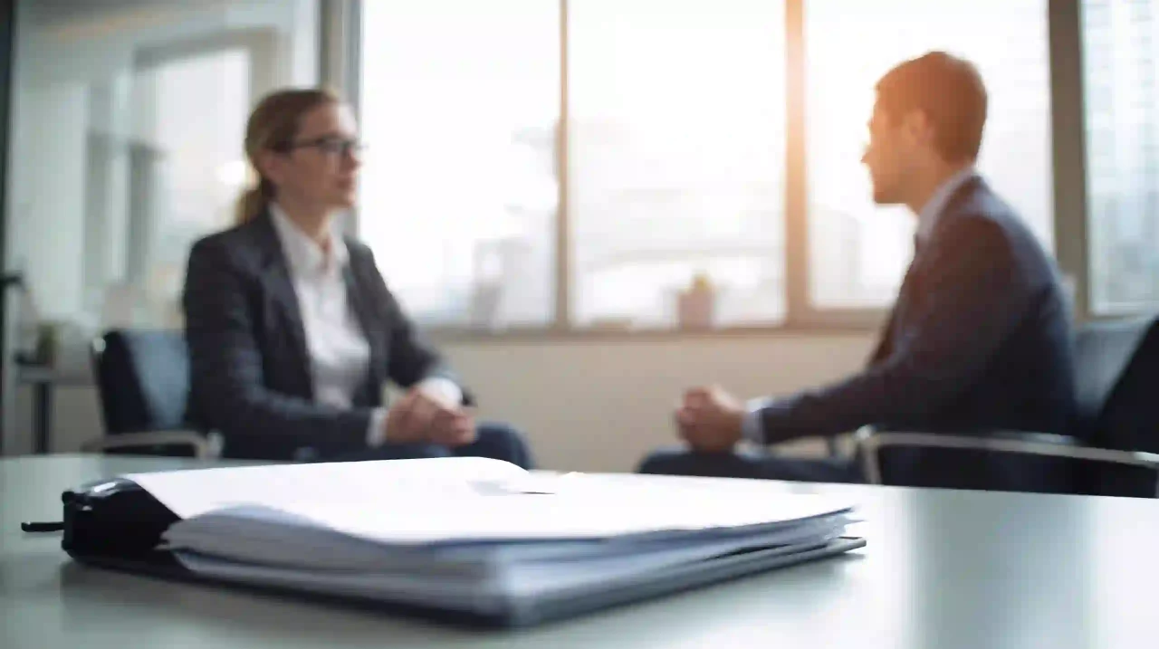 Job interview scene: recruiter and candidate at a desk showing international travel and passport control insights.