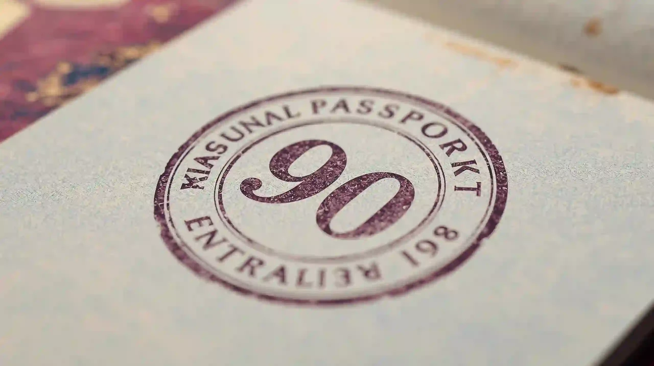 Macro of a passport page with a symbolic “90” entry stamp (no words) showing essential travel documentation and immigration process in brazil.