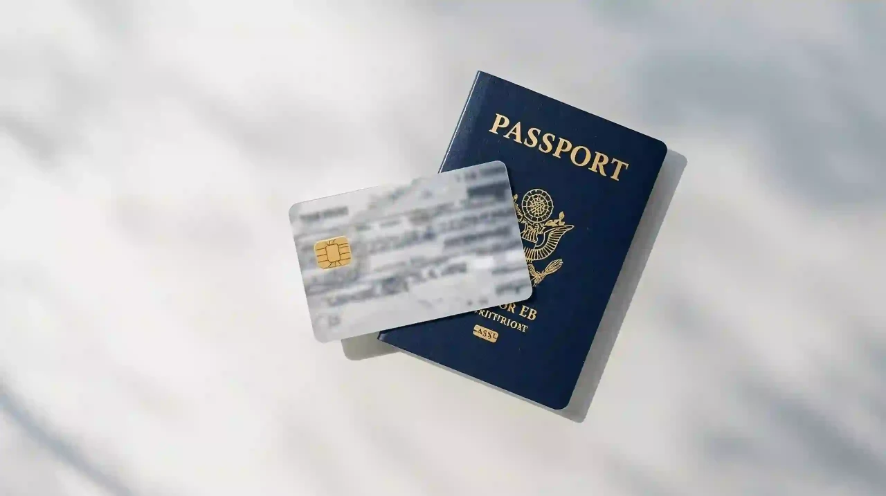 Resident id card flat‑lay: generic plastic card with blurred fields next to a passport showing smooth entry and visa procedures for travelers.