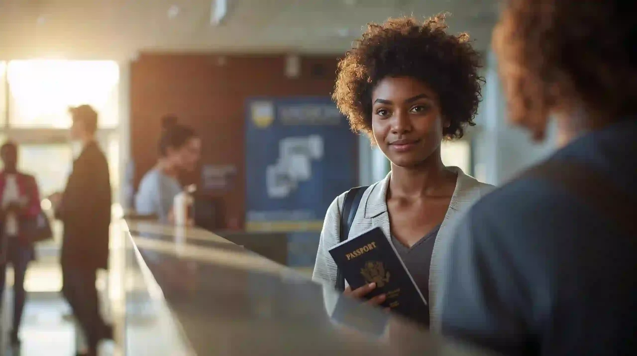Student at university admissions counter holding a passport showing essential travel documentation and immigration process in brazil.