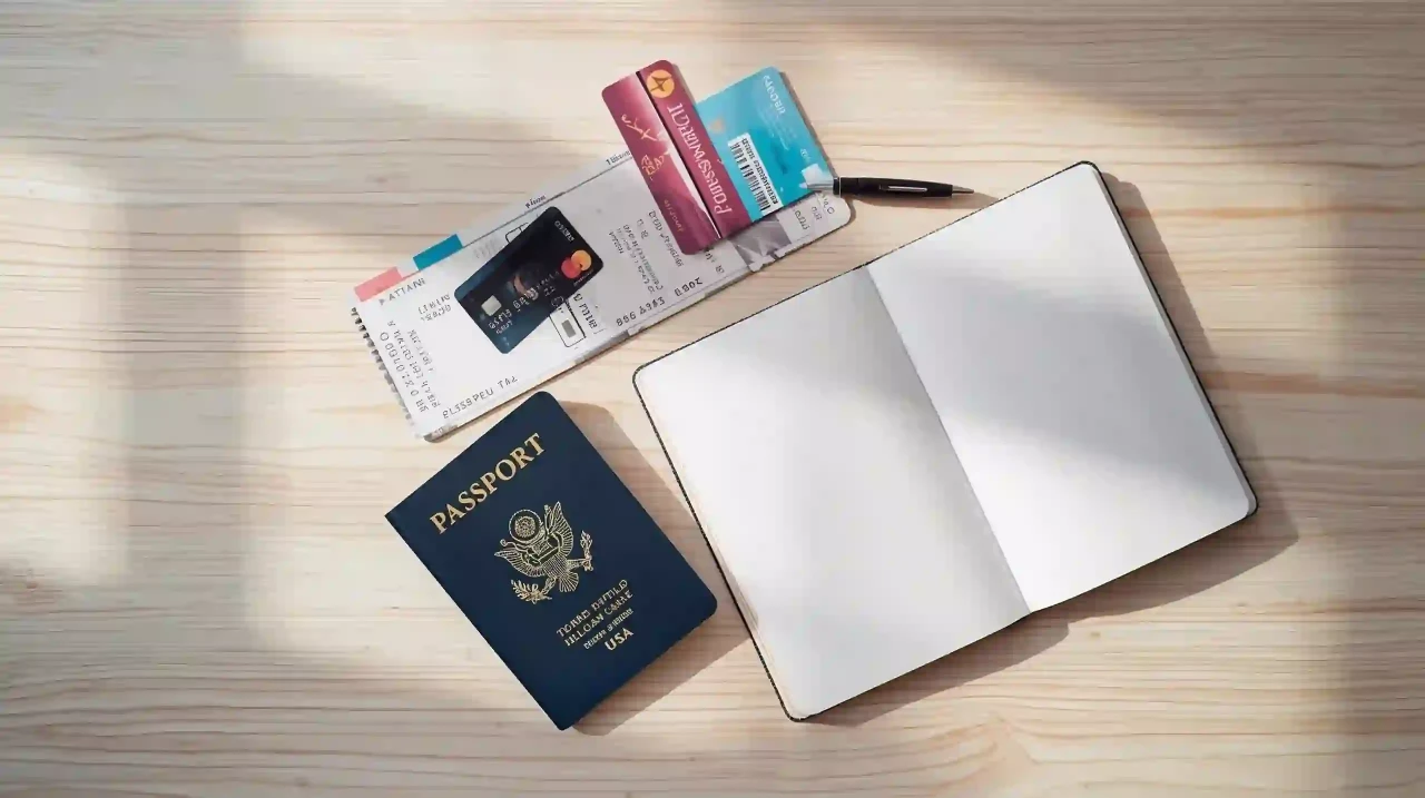 Flat‑lay travel documents: round‑trip ticket showing international travel and passport control insights.