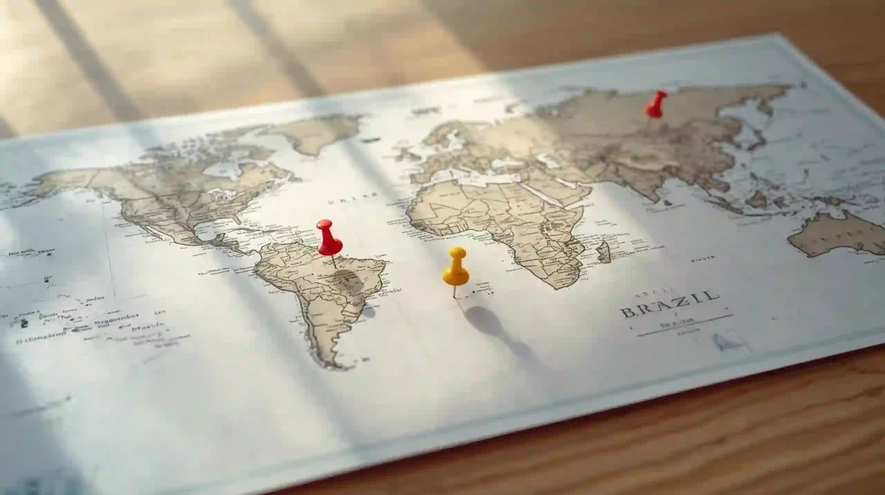 Real paper world map on a desk showing essential travel documentation and immigration process in brazil.