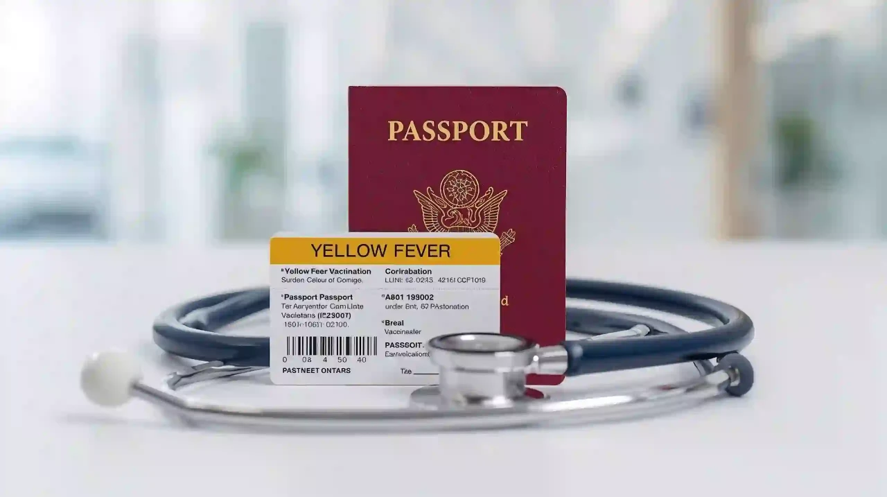 Generic yellow fever vaccination card next to a passport and stethoscope showing tourism, immigration, and border control systems.