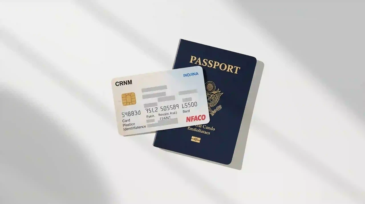 Baby in Brazil — CRNM: resident ID card with blurred fields next to a passport, photorealistic.