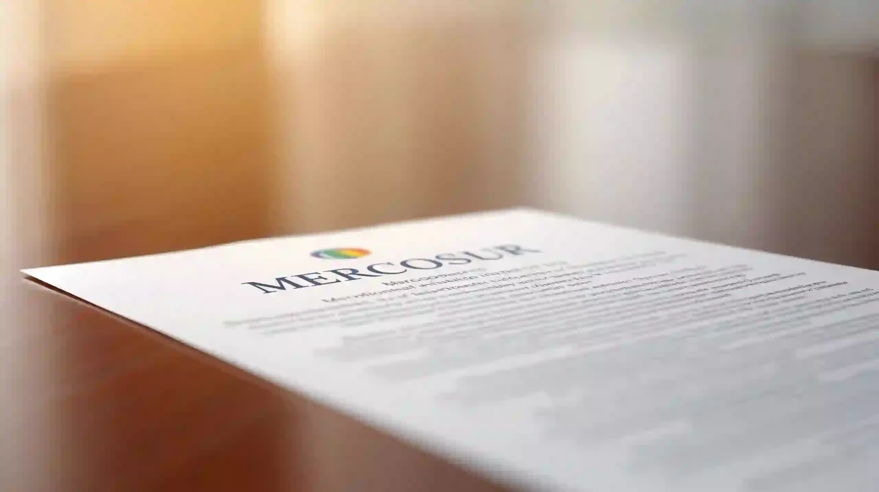 Baby in Brazil — Mercosur residence: documents on desk, clean background, photorealistic.