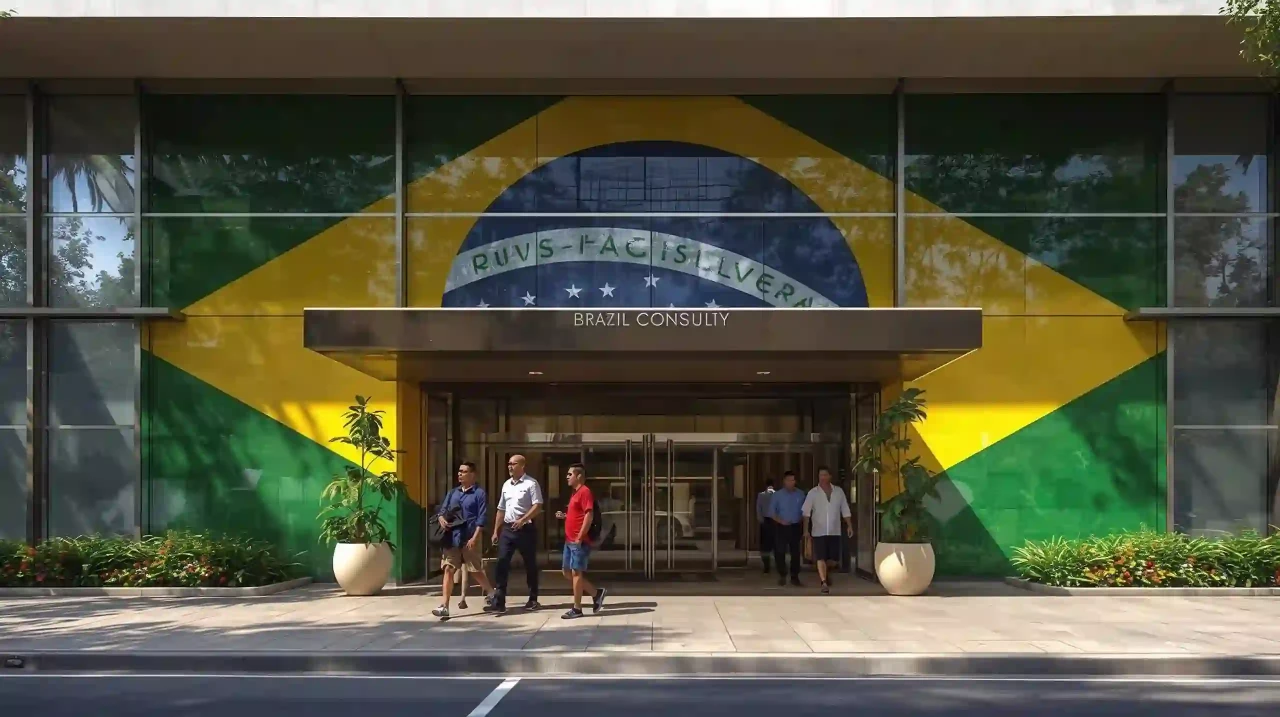 Фасад консульства Бразилии, люди входят.