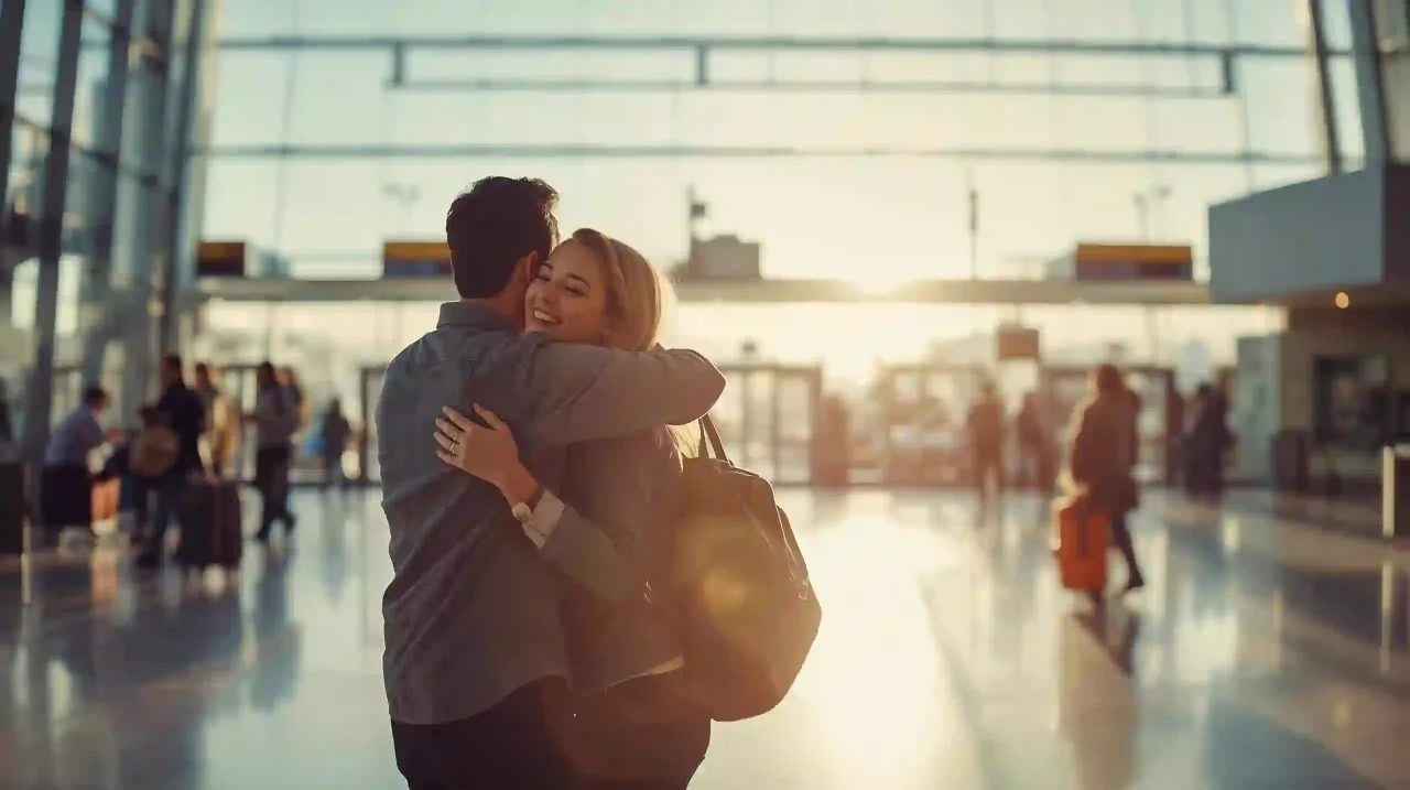 Пара обнимается в аэропорту Сан-Паулу при прилёте.