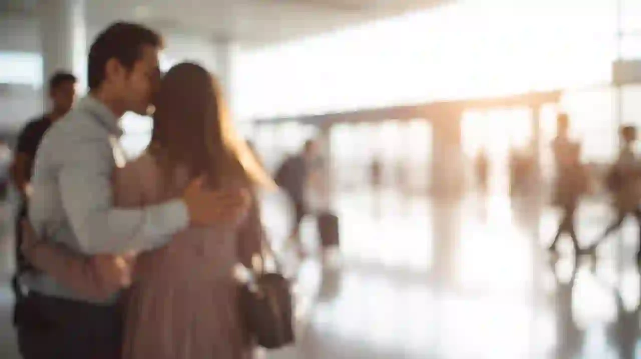 Couple embracing at São Paulo airport on arrival.