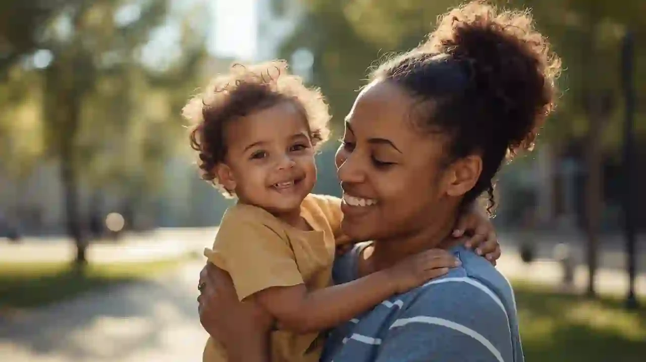 Parent with Brazilian child in a city park (golden hour).