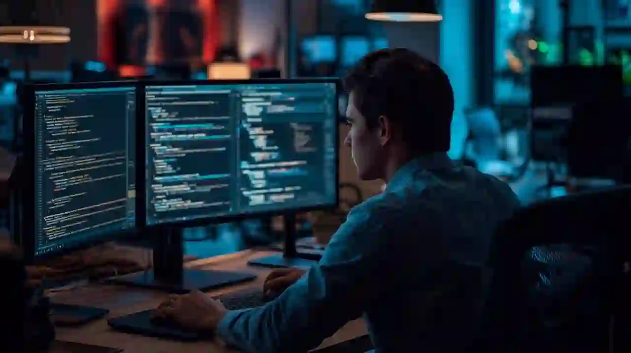 Разработчик за компьютером в современном офисе