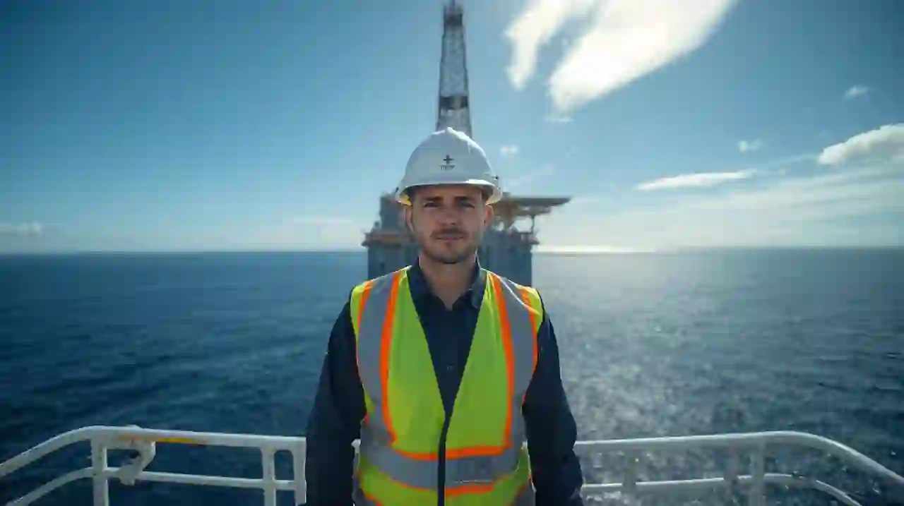 Инженер в каске на фоне нефтяной платформы