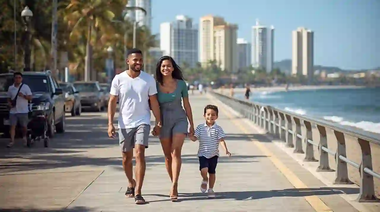 Иностранная семья гуляет по набережной в Бразилии