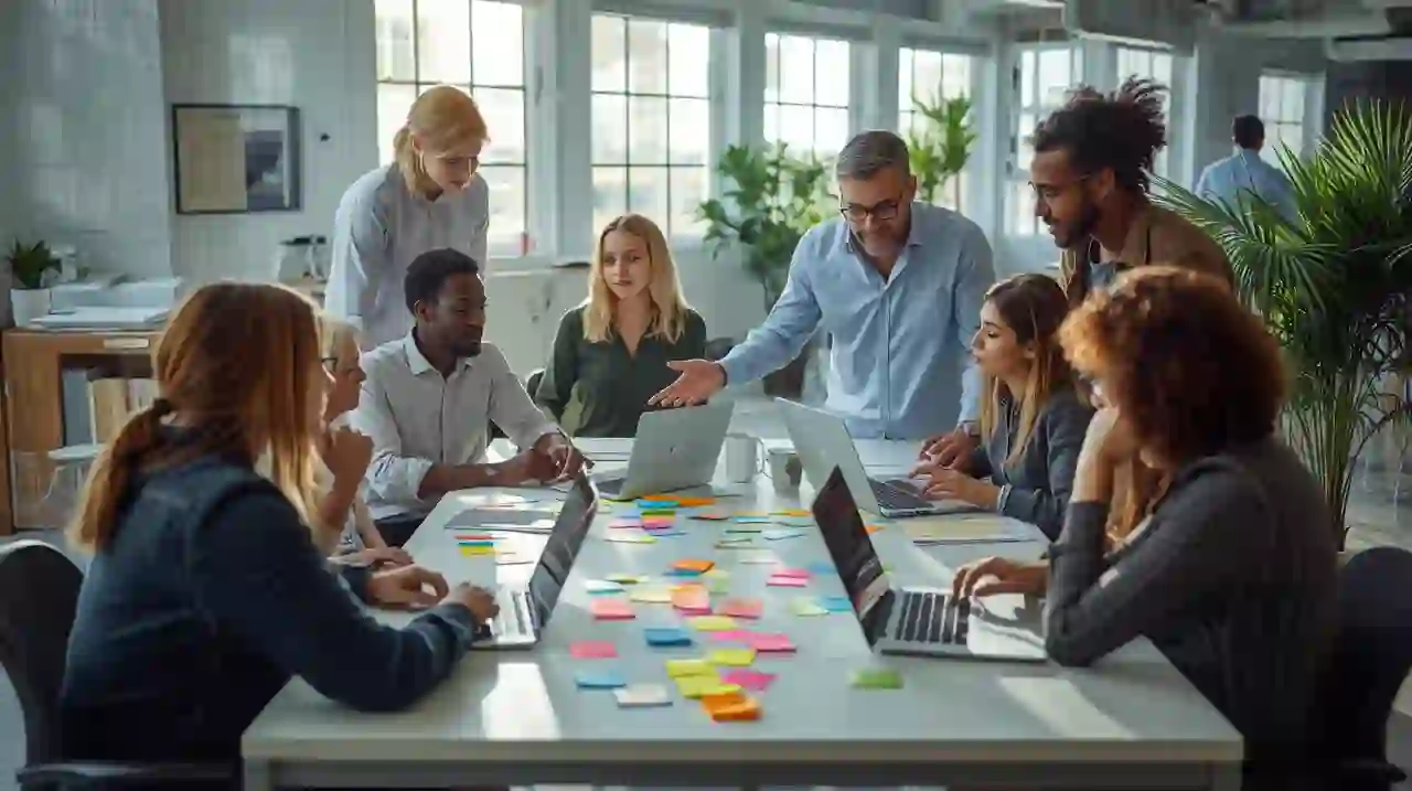 Small multicultural team working together in a modern Brazilian office
