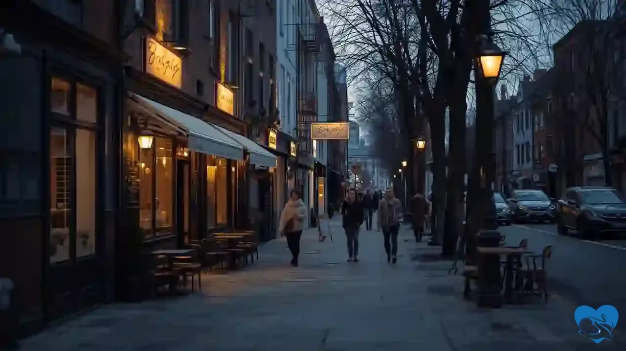 Безопасный район в Бразилии вечером: освещённая улица и пешеходы