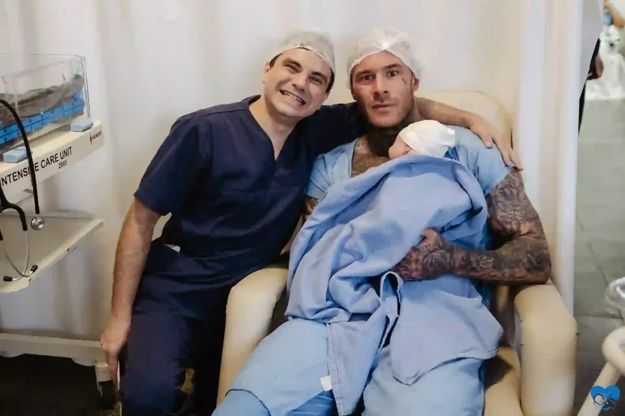 Family with medical team after birth in Florianopolis, Brazil (faces blurred)
